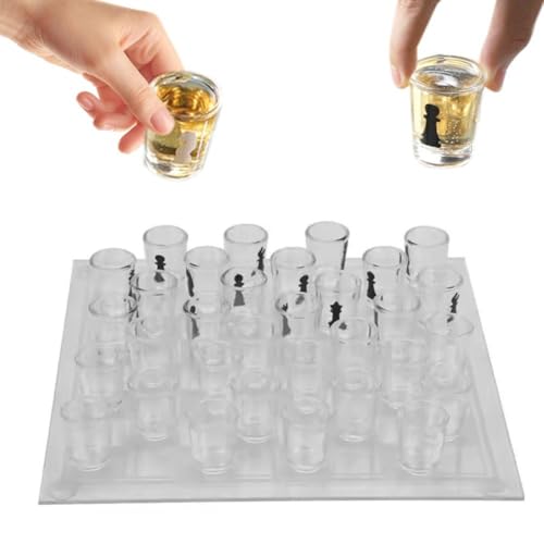 Klares Schnapsglas-Schach-Set, 25,4 x 25,4 cm, Glas-Schachbrett mit 32 Bechern, Trinkschach-Set, lustiges Schach-Set für Erwachsene, für Spielabende, Trinkspiele, Partys, Reisen, Camping von Pessrrtewg