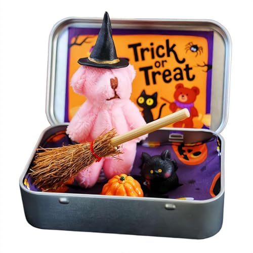 Pessrrtewg Halloween-Bär in einer Box für Süßes oder Saures, handgefertigter süßer Hexen-Teddybär in Box, Hexenteddy mit Besen, Kürbis und Katze, emotionale Unterstützung, inspirierende Geschenke, für von Pessrrtewg