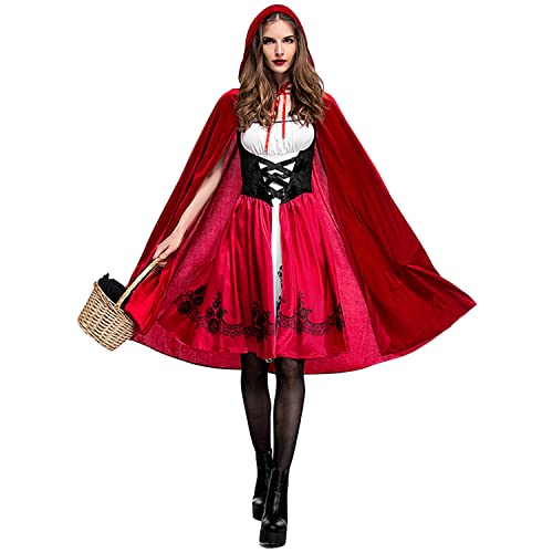 Petalum Damen Rotkäppchen Kostüm Halloween Karneval Faschingskostüm Erwachsene Märchen Kleid Umhang mit Kapuze M Rot von Petalum