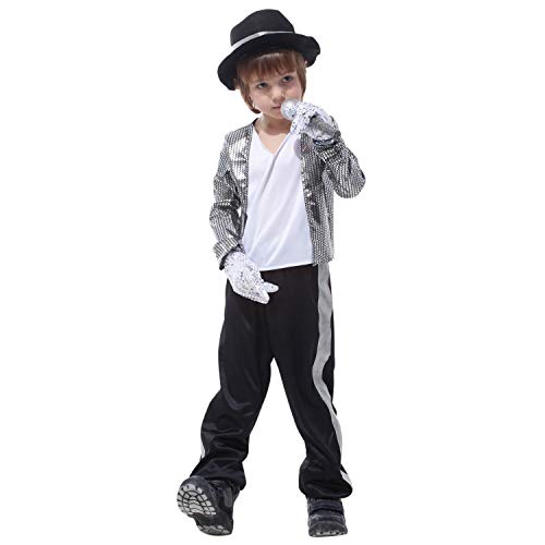Petalum Jungen Halloween Shinny Pailletten Kostüme Michael Jackson 80er Jahre Popstar Cosplay Kleidung Stage Performance Dancewear von Petalum