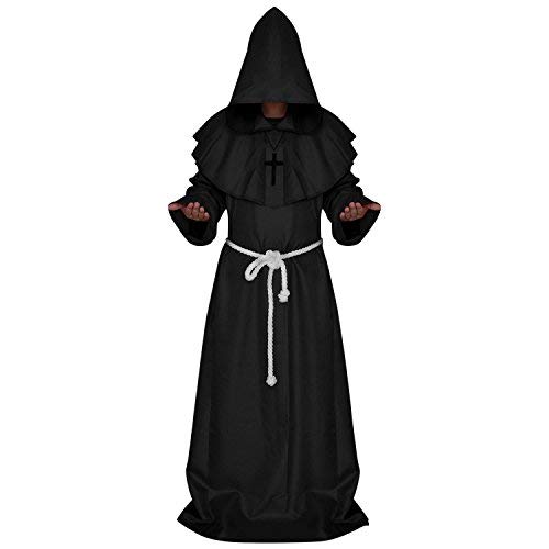 Petalum Kostüm Soutane Kostüm Halloween Unisex Mittelalter Priester Kapuze Renaissance Mönch mit Gürtel Kreuz Kleid (M, Schwarz) von Petalum