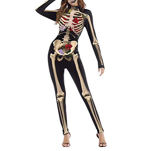 Petalum Skelett Overall Damen Halloween Weihnachten Karneval Kostüm Langarm 3D Rücken Zip Catsuit Bodycon Ganzkörperanzug Cosplay Bodysuit von Petalum