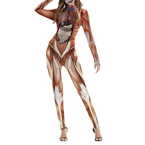 Petalum Skelett Overall Damen Halloween Weihnachten Karneval Kostüm Langarm 3D Rücken Zip Catsuit Bodycon Ganzkörperanzug Cosplay Bodysuit von Petalum