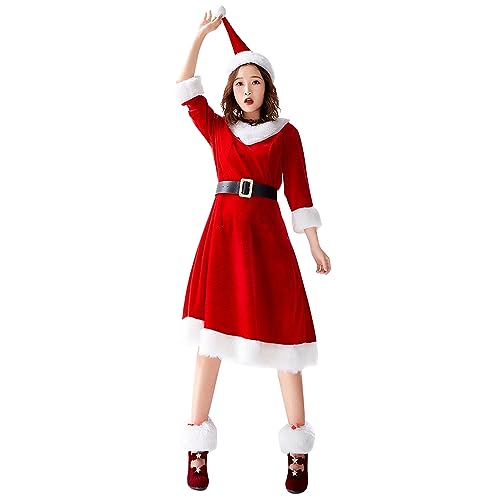 Petalum Weihnachtskostüm-Set für Damen, 4-teilig, sexy Weihnachtsmutter, mittellang, 3/4-Ärmel, mit Gürtel + weiche Mütze + Beinwärmer aus Plüsch von Petalum