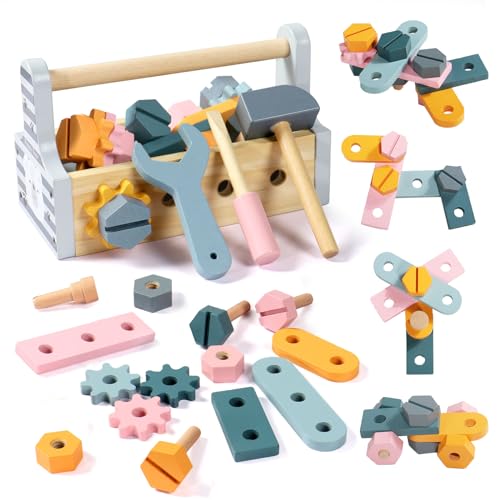 Werkzeugkoffer Kinder Montessori Spielzeug ab 2 3 4 Jahre Holzspielzeug Kinderspielzeug Werkzeugkasten Lernspiele ab 3 Jahren Werkzeug Kinder Ostern Geschenk Mädchen Junge 2 3 4 5 Jahre von Petfu