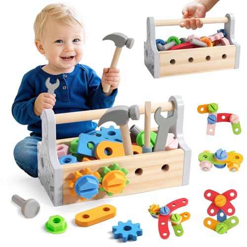 Petfu Werkzeugkoffer Kinder Montessori Spielzeug ab 2 3 4 Jahre Holzspielzeug Kinderspielzeug Werkzeugkasten Lernspiele ab 3 Jahren Werkzeug Kinder Geburtstagsgeschenk Mädchen Junge 2 3 4 Jahre von Petfu