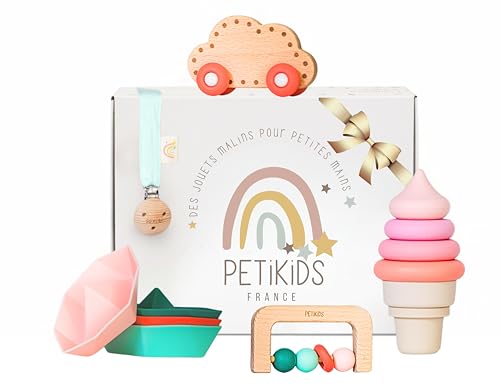 Spielzeug für Babys, 3-36 Monate – Geschenkset zur Geburt – 5 Montessori-Spiele aus Holz & Silikon (Grün und Rosa) von Petikids