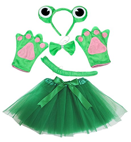 Frosch-Kostüm für Mädchen, grün, 5-teilig mit Haarreif, Schleife, Schwanz, Handschuhen und Tutu, für Geburtstage oder Partys Gr. One size, grün von Petitebelle