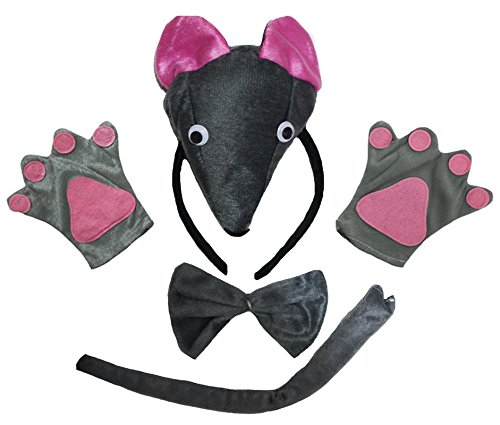 Petitebelle 3D-Maus-Stirnband, Schleife, Schwanz, Handschuhe, 4-teiliges Partykostüm für Kinder Gr. Einheitsgröße, grau von Petitebelle