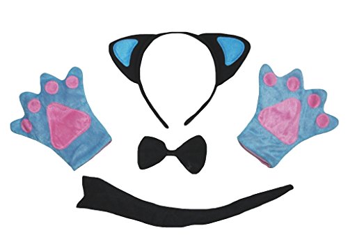 Petitebelle Black Blue Cat Headband Bowtie Tail Glove 4pc Costume for Kid (One Size) von Petitebelle