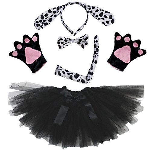 Petitebelle Dalmatians Dog Lady Costume Headband Bowtie Tail Gloves Black Tutu (One Size) von Petitebelle