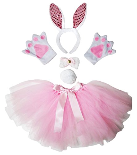 Petitebelle Hasen-Stirnband-Handschuhe, Tutu, 5-teiliges Damenkostüm (weiß/rosa Pailletten, Einheitsgröße) von Petitebelle