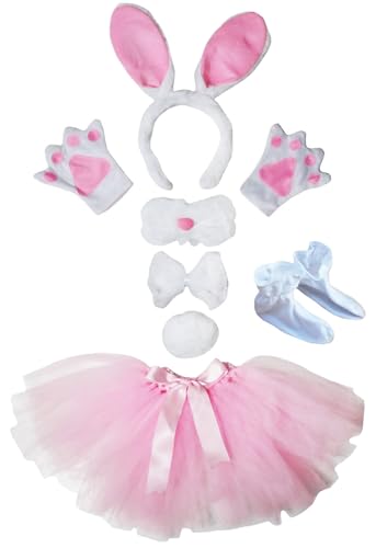 Petitebelle Hasenohren-Stirnband, Handschuhe, Nasenschuhe, Tutu, 7-teiliges Kinderkostüm (Weiß/Rosa-2, Einheitsgröße) von Petitebelle