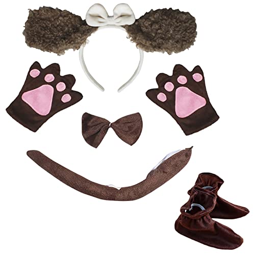 Petitebelle Hunde-Stirnband mit langen Ohren, Fliege, Schwanz, Handschuhe, Schuhe, 5-teiliges Kostüm, 1–5 Jahre, Pudelbraun, Einheitsgröße von Petitebelle