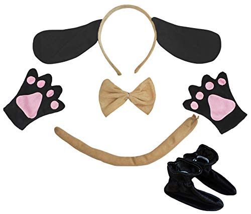 Petitebelle Hunde-Stirnband mit langen Ohren, Fliege, Schwanz, Handschuhe, Schuhe, 5-teiliges Kostüm, 1–5 Jahre (Khaki-1, Einheitsgröße) von Petitebelle