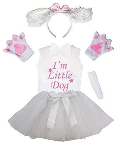 Petitebelle I'm Little Dog Shirt Stirnband Tutu 6-teiliges Kostüm 1-8 Jahre (Pudel, Weiß, 3–4 Jahre) von Petitebelle