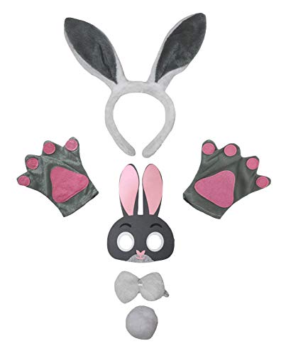 Petitebelle Kaninchen Stirnband Maske Fliege Schwanz Handschuhe 5 Stück Kinderkostüm 1-5 Jahre (Grau, One Size) von Petitebelle