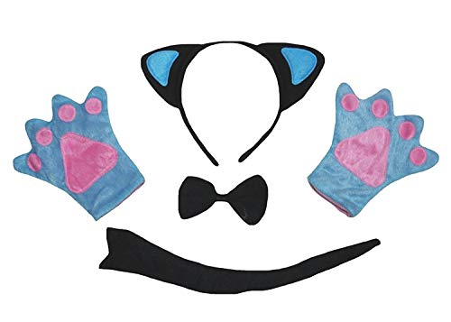 Petitebelle Katzen-Stirnband, Fliege, Schwanz, Handschuhe, 4-teiliges Erwachsenenkostüm (Schwarz/Blau, Einheitsgröße) von Petitebelle