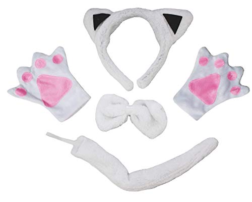 Petitebelle Katzen-Stirnband, Fliege, Schwanz, Handschuhe, 4-teiliges Erwachsenenkostüm (Weiß, Einheitsgröße) von Petitebelle