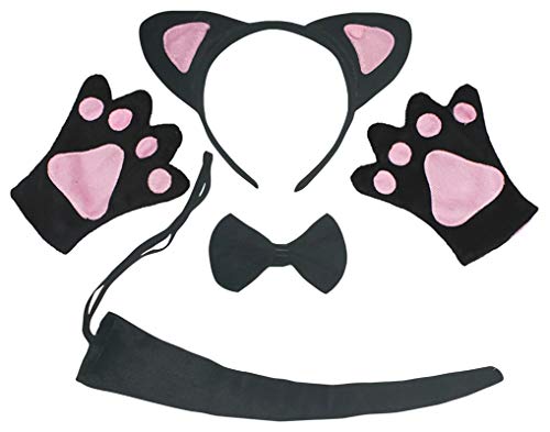 Petitebelle Katzen-Stirnband, Fliege und Schwanz, Handschuhe, 4 Stück, Kinderkostüm, 1–10 Jahre, Schwarz (3), 5–10 Jahre von Petitebelle