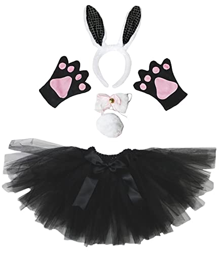 Petitebelle Kopfband Fliege Schwanz Handschuhe Tutu 5 Stück Mädchenkostüm 1-10 Jahre (Kaninchen (schwarze Pailletten), 1-5 Jahre) von Petitebelle