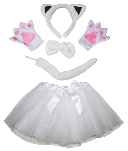 Petitebelle Kopfband Fliege Schwanz Handschuhe Tutu 5 Stück Mädchenkostüm 1-10 Jahre (Katze (Weiß/Schwarz), 1-5 Jahre) von Petitebelle