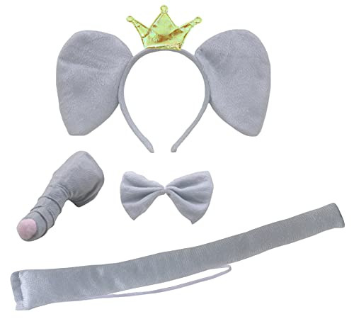 Petitebelle Krone Elefant Stirnband Fliege Schwanz Nase Kostüm 4-teilig (Grau, Einheitsgröße) von Petitebelle