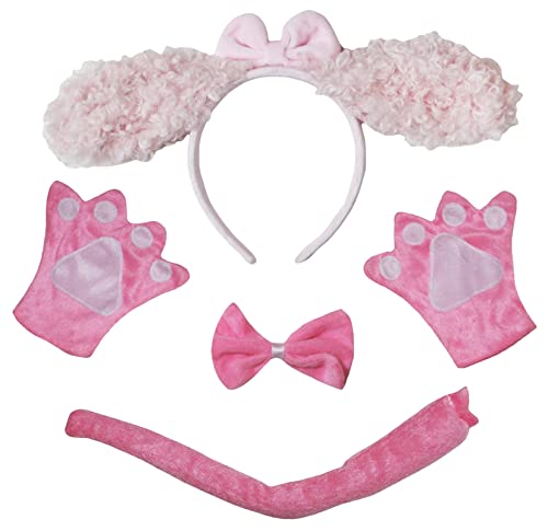 Petitebelle Lange Ohr Hund Stirnband Fliege Schwanz Handschuhe 4 Stück Erwachsene Kostüm (Rosa Pudel, One Size) von Petitebelle
