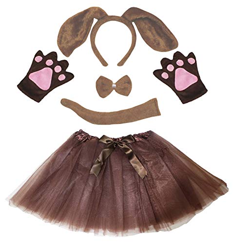 Petitebelle Hundekostüm mit langem Ohr, Haarreif, Fliege, Schwanz, Handschuhe, Tutu, 5-teilig, für Mädchen im Alter von 1–8 Jahren (5–8 Jahre, brauner Hund) von Petitebelle