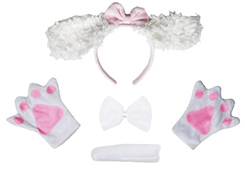 Petitebelle Langohriges Hunde-Stirnband, Fliege und Schwanz, Handschuhe, Erwachsenenkostüm (weißer Pudel, Einheitsgröße), 4 Stück von Petitebelle