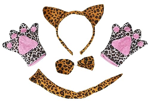 Petitebelle Leoparden-Kopfband, Fliege, Schwanz, Handschuhe, 4-teiliges Erwachsenenkostüm (Einheitsgröße, braun) von Petitebelle
