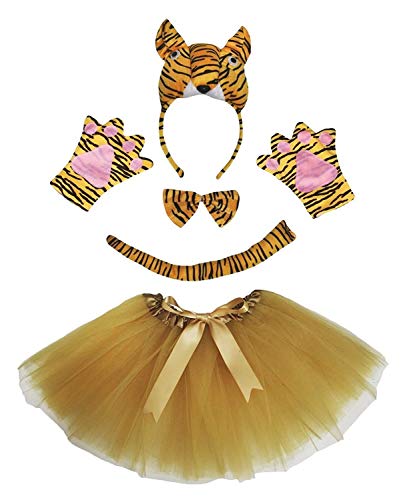 Petitebelle Niedliche Kopfband Fliege Schwanz Handschuhe Tutu 5 Stück Mädchenkostüm 1-10 Jahre (Tiger, 1-5 Jahre) von Petitebelle