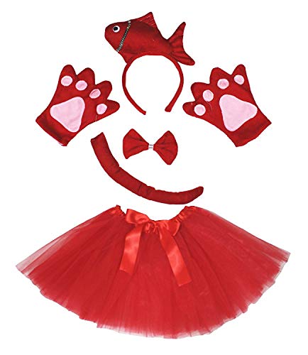 Petitebelle Niedliches Stirnband, Fliege, Schwanz, Handschuhe, Tutu, 5-teiliges Mädchen-Kostüm, 1–10 Jahre, Fisch-Kostüm (Rot), 5–10 Jahre von Petitebelle