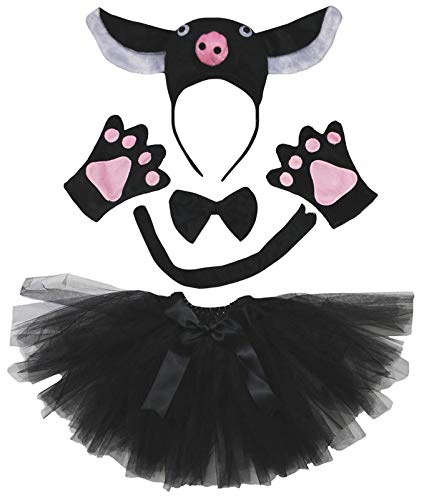 Petitebelle Niedliches Stirnband, Fliege, Schwanz, Handschuhe, Tutu, 5-teiliges Mädchen-Kostüm, 1–10 Jahre, Schwein (schwarz), 5–10 Jahre) von Petitebelle