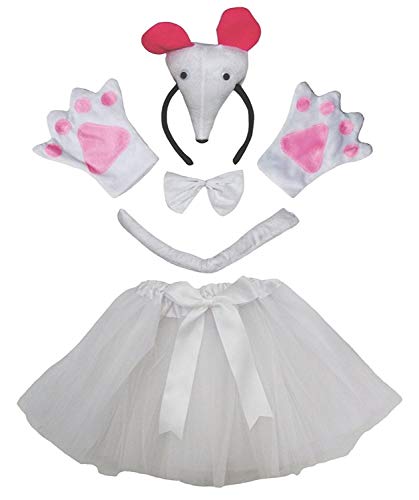 Petitebelle Niedliches Stirnband, Fliege, Schwanz, Handschuhe, Tutu, 5-teiliges Mädchen-Kostüm, 1–10 Jahre (Maus (weiß), 5–10 Jahre) von Petitebelle
