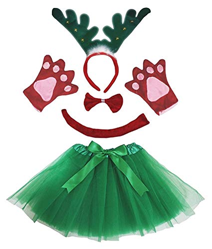 Petitebelle Niedliches Stirnband, Fliege, Schwanz, Handschuhe, Tutu, 5-teiliges Mädchen-Kostüm, 1–10 Jahre (Rentier (grün), 5–10 Jahre) von Petitebelle
