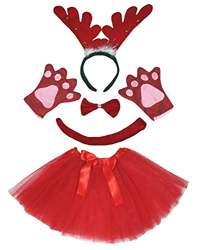 Petitebelle Niedliches Stirnband, Fliege, Schwanz, Handschuhe, Tutu, 5-teiliges Mädchen-Kostüm, 1–10 Jahre (Rentier (rot), 5–10 Jahre) von Petitebelle