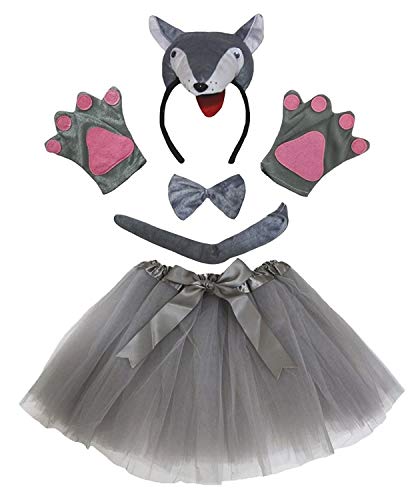 Petitebelle Niedliches Stirnband, Fliege, Schwanz, Handschuhe, Tutu, 5-teiliges Mädchen-Kostüm, 1–10 Jahre (Wolf, 5–10 Jahre) von Petitebelle