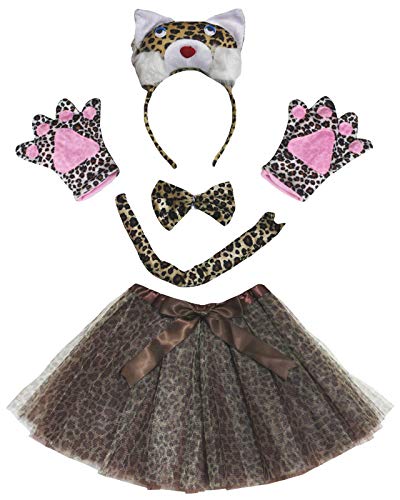 Petitebelle Niedliches Stirnband-Kostüm mit Fliege, Schwanz, Handschuhe, Tutu, 5-teiliges Mädchen-Kostüm, 1–10 Jahre (Leopard, 5–10 Jahre) von Petitebelle