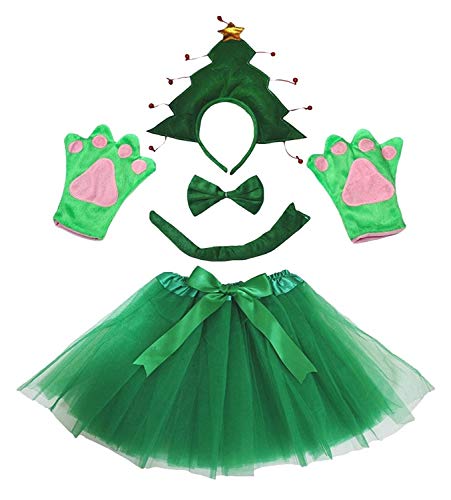 Petitebelle Niedliches Stirnband-Kostüm mit Fliege, Schwanz, Handschuhe, Tutu, 5-teiliges Mädchen-Kostüm, 1–10 Jahre (Weihnachtsbaum, 5–10 Jahre) von Petitebelle