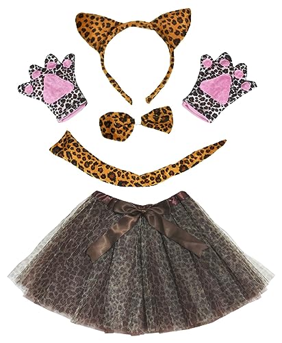 Petitebelle Stirnband, Fliege, Schwanz, Handschuhe, Tutu, 5-teiliges Mädchen-Kostüm, 1–10 Jahre (Leopard (braun), 1–5 Jahre von Petitebelle