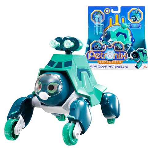 Petronix Defenders EU820230 - Transformierendes Max Mode Pet Shell-E, ca. 12 cm große Spielfigur für Kinder, verwandelbare Roboter-Schildkröte mit abfeuerbaren Wasserraketen von AlphaToys