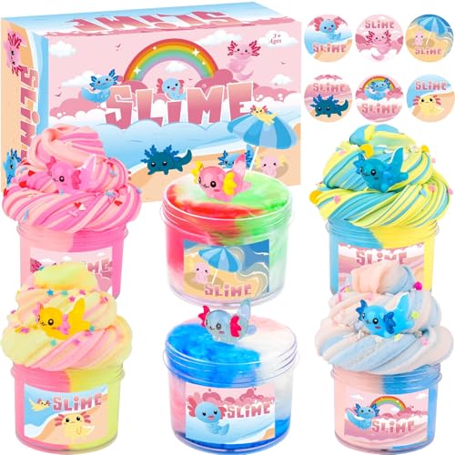 Buntes Schleim-Set,6 Pack Axolotl Slime Kit, Cloud Slime, Butter Slime & Galaxy Slime, Slime Party Favors for Kids with Axolotl Charms, Soft and Stretchy, Classroom Rewards, Birthday Gifts von Petyuioyu