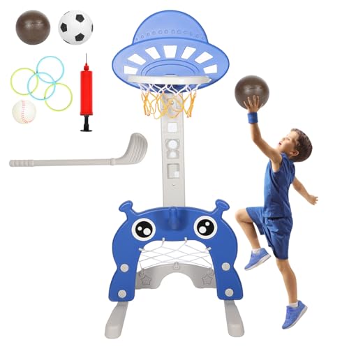Peviasot Kinder Basketballkorb Set, 4 in 1 Basketballständer- Höhenverstellbarer Basketballkörbe, Fußballtor, Golfspiel, Ringwurf, Indoor & Outdoor Vielseitiges Sportspielzeug für Jungen und Mädchen von Peviasot