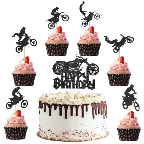 Geburtstag Tortendeko, 25 Stück Glitter Cake Topper, Thema Dekoration, Motorrad Tortendeko für Männer Jungen Geburtstag Sport Thema Party Dekoration(Schwarz) von Peysaitr