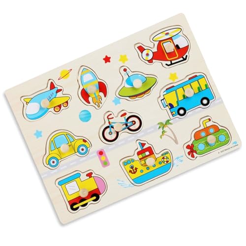 Holzpuzzle Autos, Holzpuzzle 1 Jahr, Spielzeug Steckpuzzle Holz mit Großen Holzknöpfen zum Greifen Lernspielzeug, für Junge und Mädchen 36 Monate - 9 Teile von Peysaitr