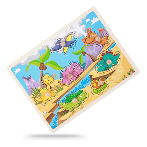 Peysaitr Holzpuzzle Dinosaurier, Montessori Spielzeug 1 Jahr, Motorikspielzeug Steckpuzzle Holz mit Großen Holzknöpfen zum Greifen Lernspielzeug, für Junge und Mädchen 12-36 Monate - 8 Teile von Peysaitr