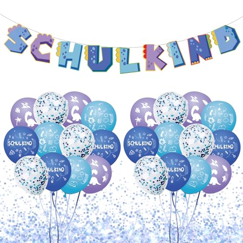 Schuleinführung Schulanfang Luftballon Set, Geschenk Einschulung Mädchen Deko Blau, 24 Stück Luftballon + SCHULKIND Blau Banner, Einschulung Schuleinführung Schulanfang Deko Set für Jungs von Peysaitr