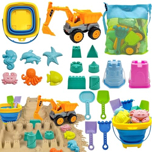 Pgtc Strandspielzeug für Kinder,21 Stück Kleinkind-Strandspielzeug für 1-3-Jährige,Reise-Strandspielzeug-Set für 4-8-Jährige,Zusammenklappbarer Eimer Mesh-Beutel Schaufel Burg Tierform Baukasten von Pgtc