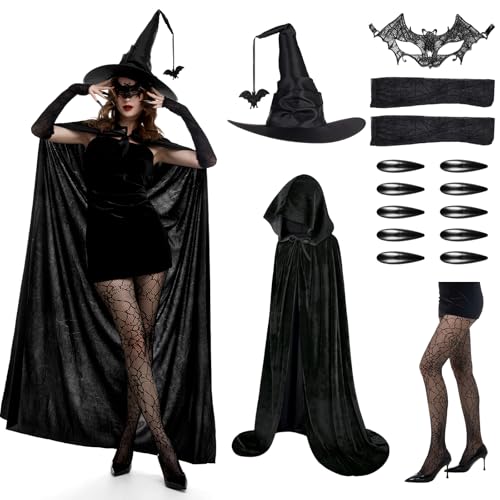 Phestival 17 IN 1 Hexenkostüm Damen - Kostüm Hexe - Hexenhut, Umhang Karneval, Netzstrümpfe, Kostüm Hexe Damen - (Fledermaus-Hut, Medium-1.4m) von Phestival